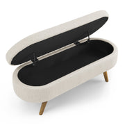 Beige Linen Oval Storage Bench with Rubber Wood Legs
