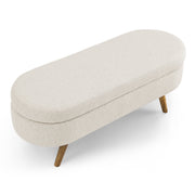 Beige Linen Oval Storage Bench with Rubber Wood Legs
