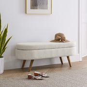 Beige Linen Oval Storage Bench with Rubber Wood Legs