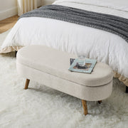 Beige Linen Oval Storage Bench with Rubber Wood Legs