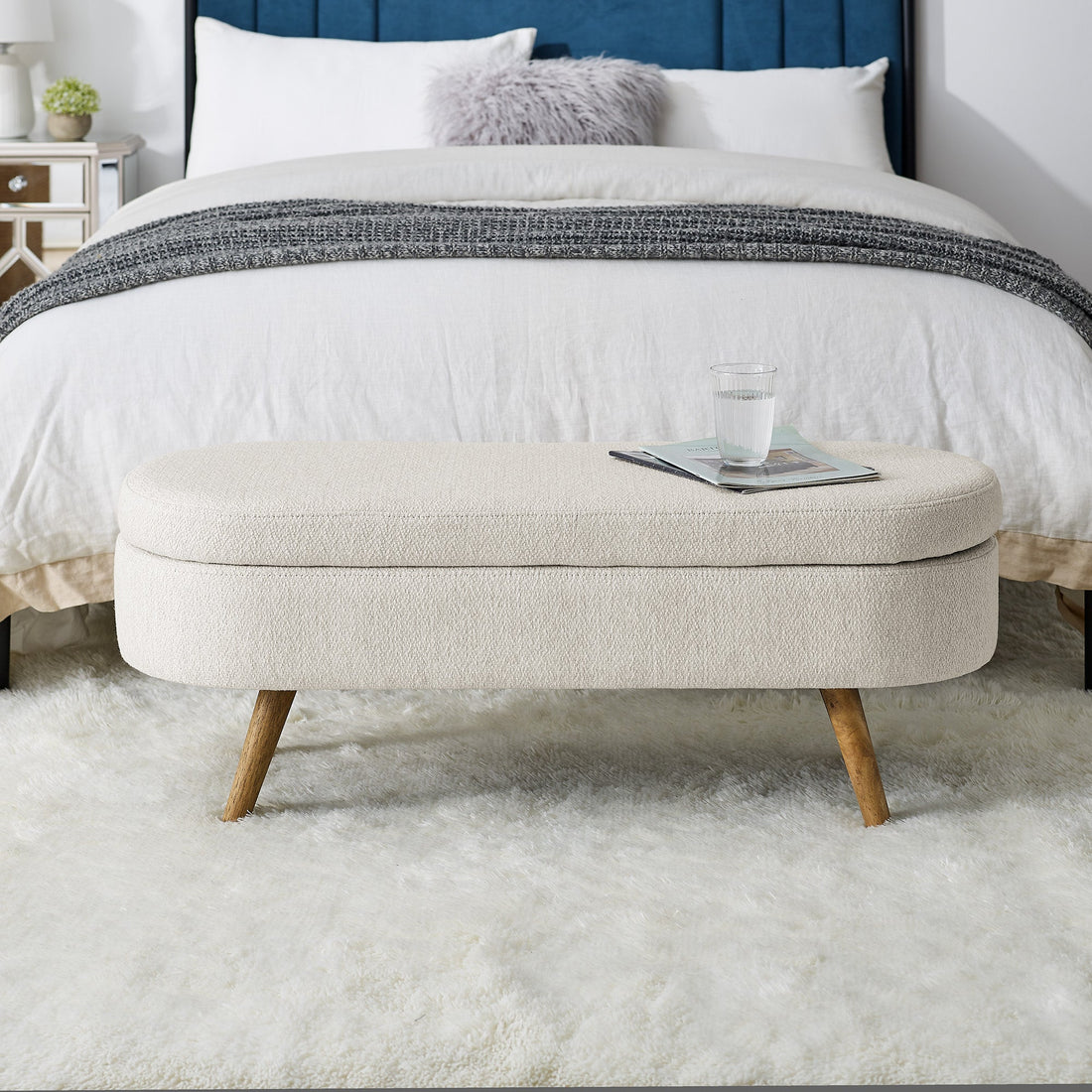 Beige Linen Oval Storage Bench with Rubber Wood Legs
