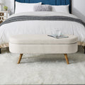 Beige Linen Oval Storage Bench with Rubber Wood Legs