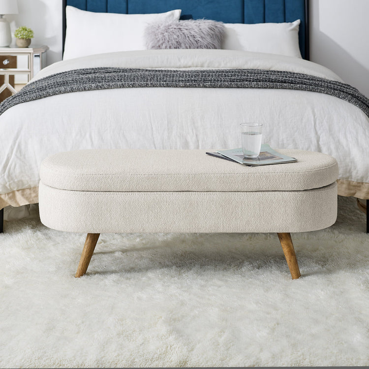 Beige Linen Oval Storage Bench with Rubber Wood Legs