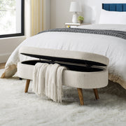 Beige Linen Oval Storage Bench with Rubber Wood Legs