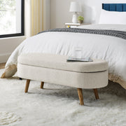 Beige Linen Oval Storage Bench with Rubber Wood Legs