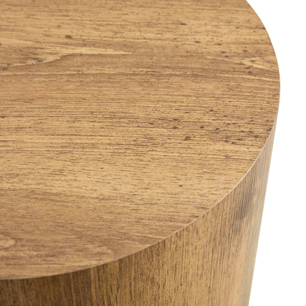 Wood-Grain Cylinder Side Table Set styled with ceramics and a linen runner