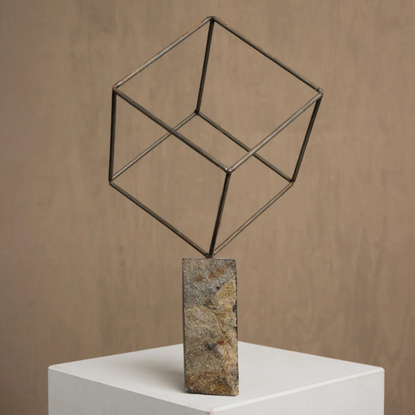 Wire and Stone Cube Sculpture