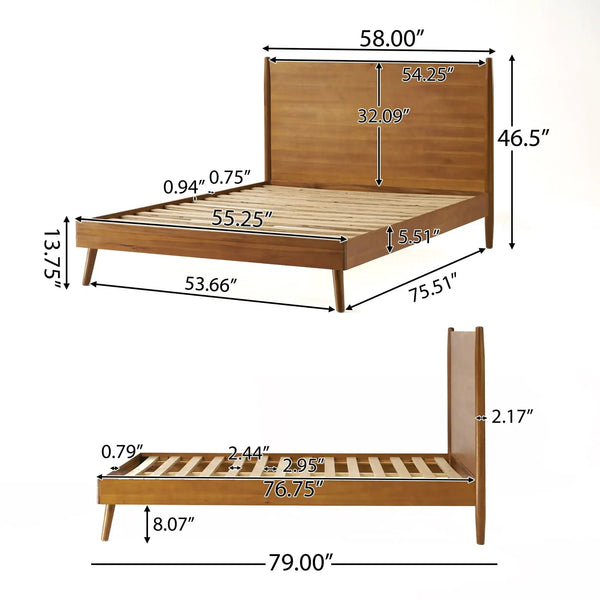 Honey-brown bed measurement diagram showing angled frame and side profile.