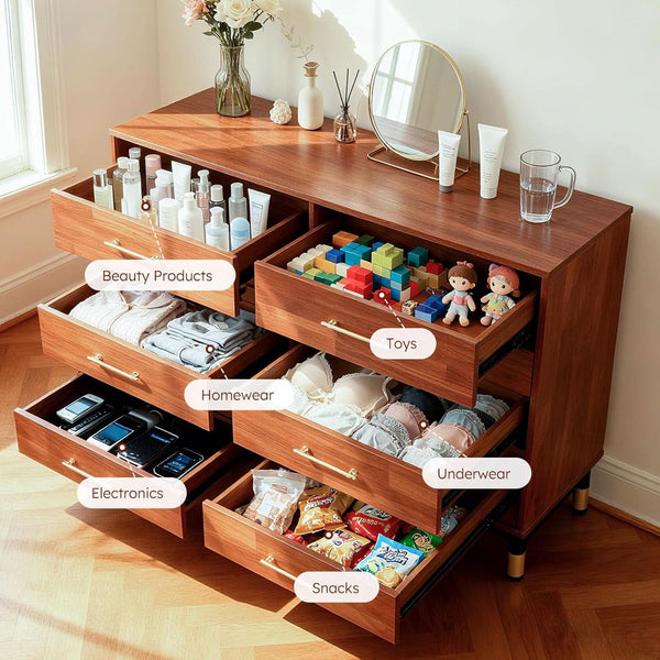 Walnut-Finish Six-Drawer Double Dresser