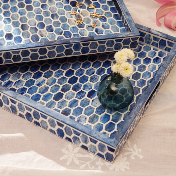 Indigo Honeycomb Bone Inlay Serving Tray