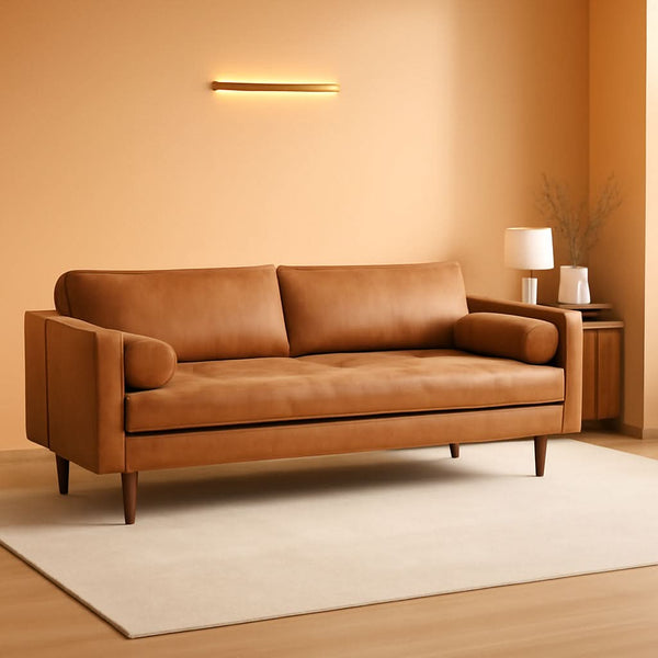 Cognac Leather Mid-Century Bolster Sofa