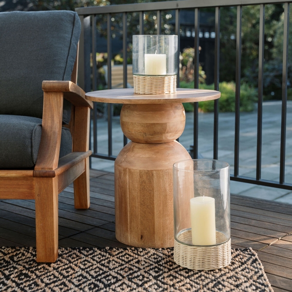 Clear Glass & Woven Rattan Hurricane Candleholder