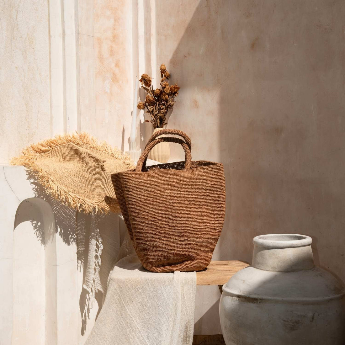 Handwoven Raffia Caramel Tote Bag