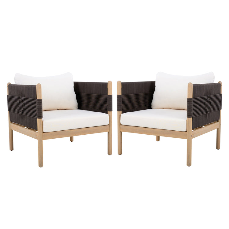 Rope-Wrapped Acacia Outdoor Club Chairs — Acacia and rope club chairs that warm and settle with outdoor seasons