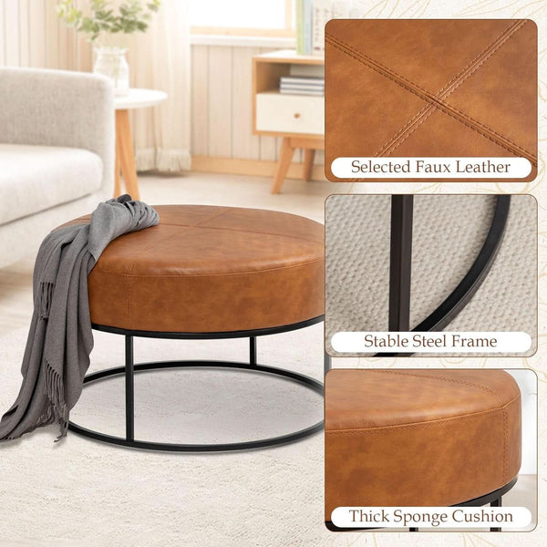 Round Leatherette Upholstered Ottoman