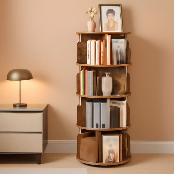 Rotating Four-Tier Corner Bookshelf – in rustic brown | Roost & Roam