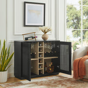 Fluted Black Wood-Grain Liquor Cabinet