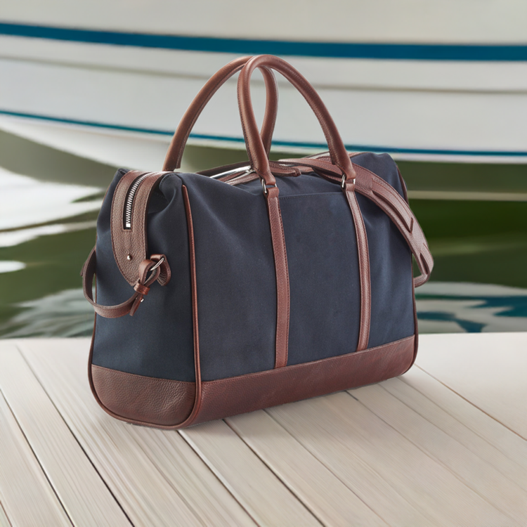 Navy Canvas Leather-Trim Weekender Bag