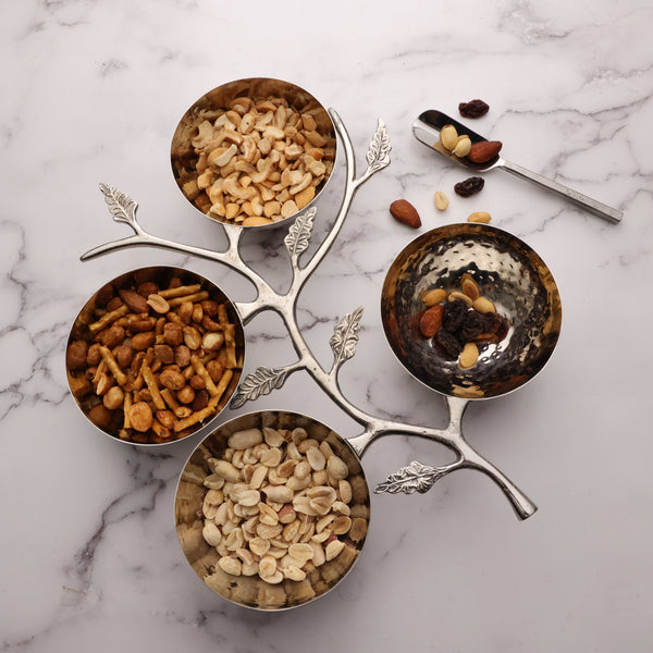 Silver Leaf Branch Serving Bowl Caddy, 4-Bowl