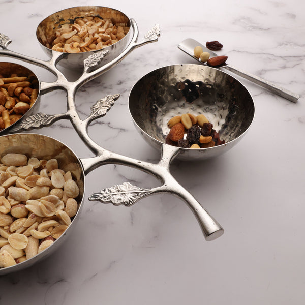 Silver Leaf Branch Serving Bowl Caddy, 4-Bowl