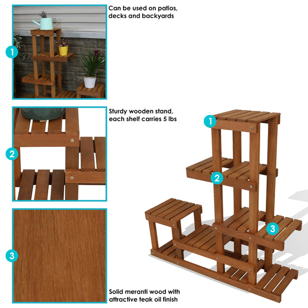 Teak-Finish Meranti Wood Tiered Plant Stand