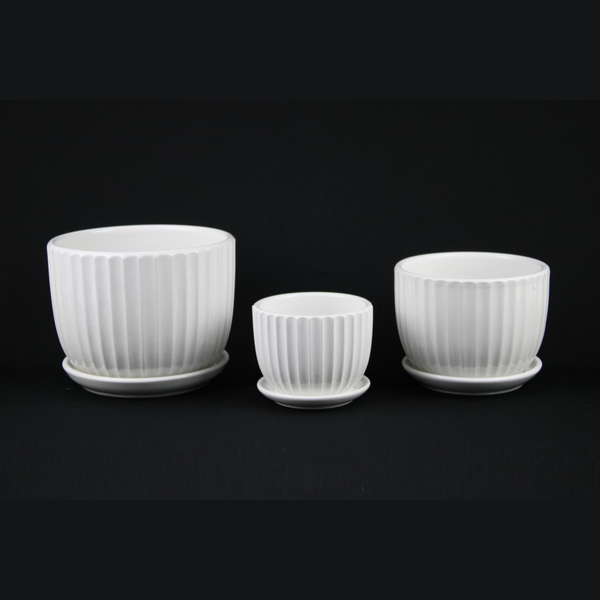 Fluted White Ceramic Planter Set