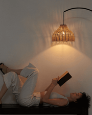 Brass Arc Floor Lamp with Wicker Dome Shade
