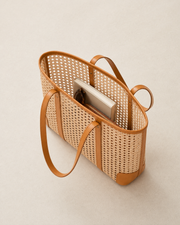 Leather and Rattan Cane Tote Bag