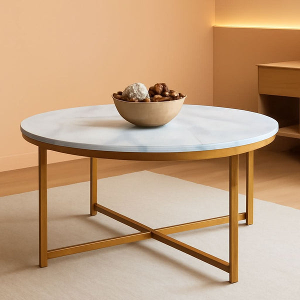 Faux Marble Cross-Leg Round Coffee Table – in gold | Roost & Roam
