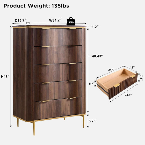 Fluted Five-Drawer Dark Walnut Dresser – chest (view 2) | Roost & Roam