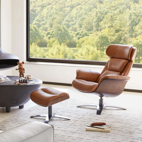 Saddle Leather Reclining Swivel Chair with Ottoman