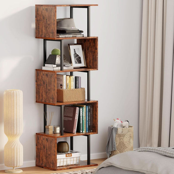 S-Curve Wood-Grain Six-Tier Bookshelf – book case (view 2) | Roost & Roam