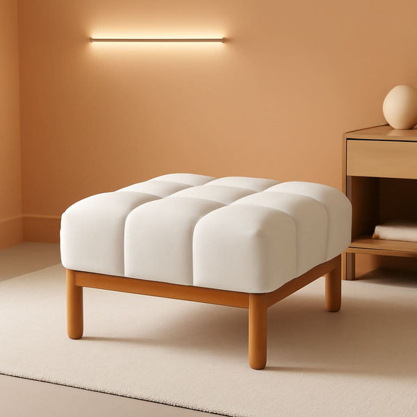 Grid-Tufted Linen-Look Square Ottoman