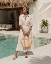 Leather Trim Cane Weave Carryall Bag