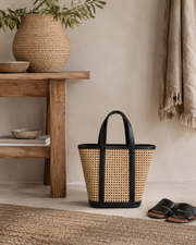 Leather Trim Cane Weave Carryall Bag