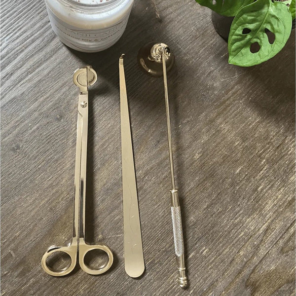 Close-up of brass hardware and finish detail — Brass-Finish Candle Care Tool Set