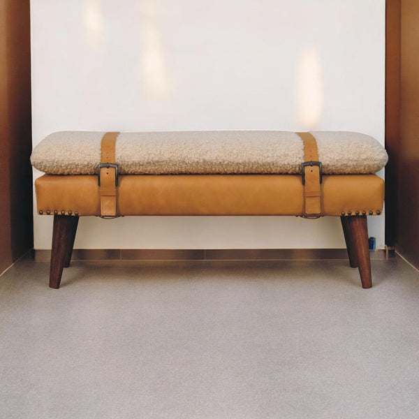 Boucle Leather Strap Upholstered Bench
