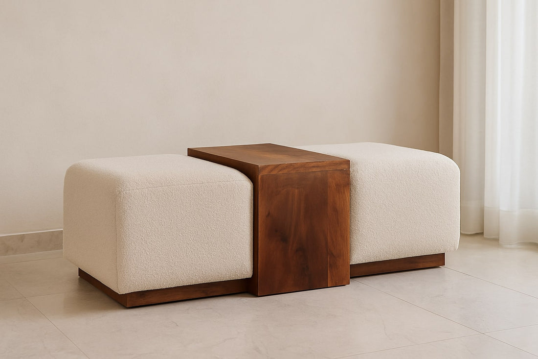 Boucle Upholstered Bench Duo with Wood Table