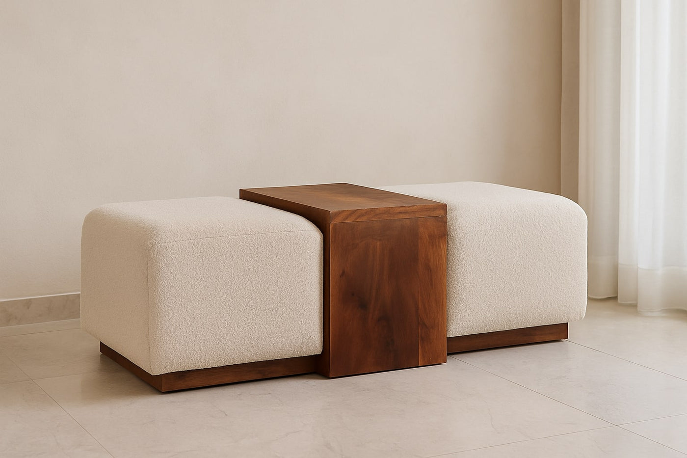 Boucle Upholstered Bench Duo with Wood Table