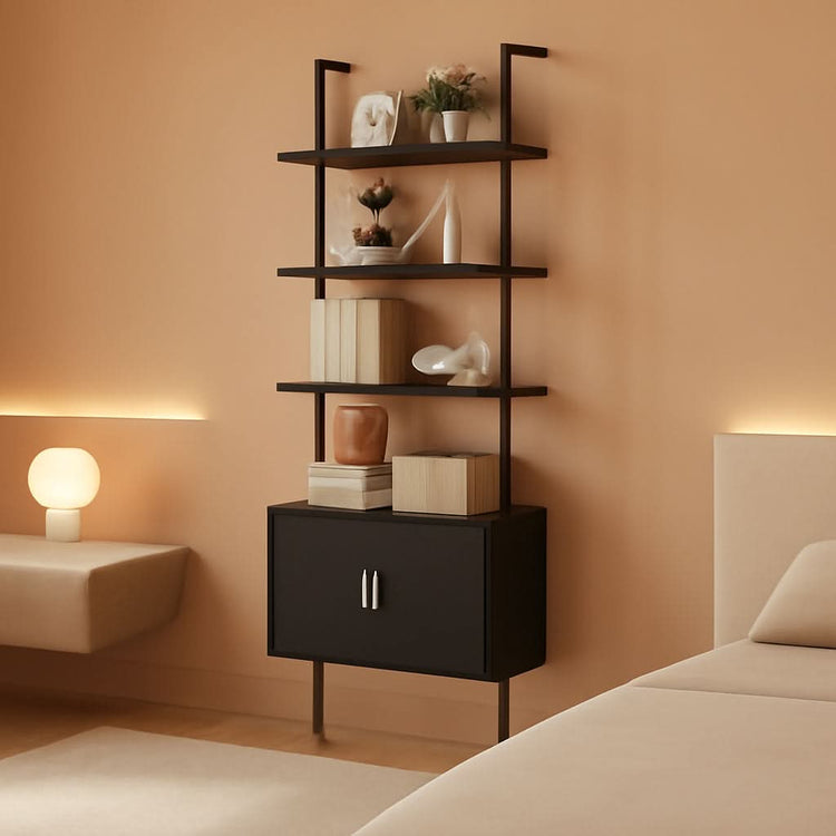 Wood-Grain Ladder Bookshelf with Cabinet – book case, in black | Roost & Roam