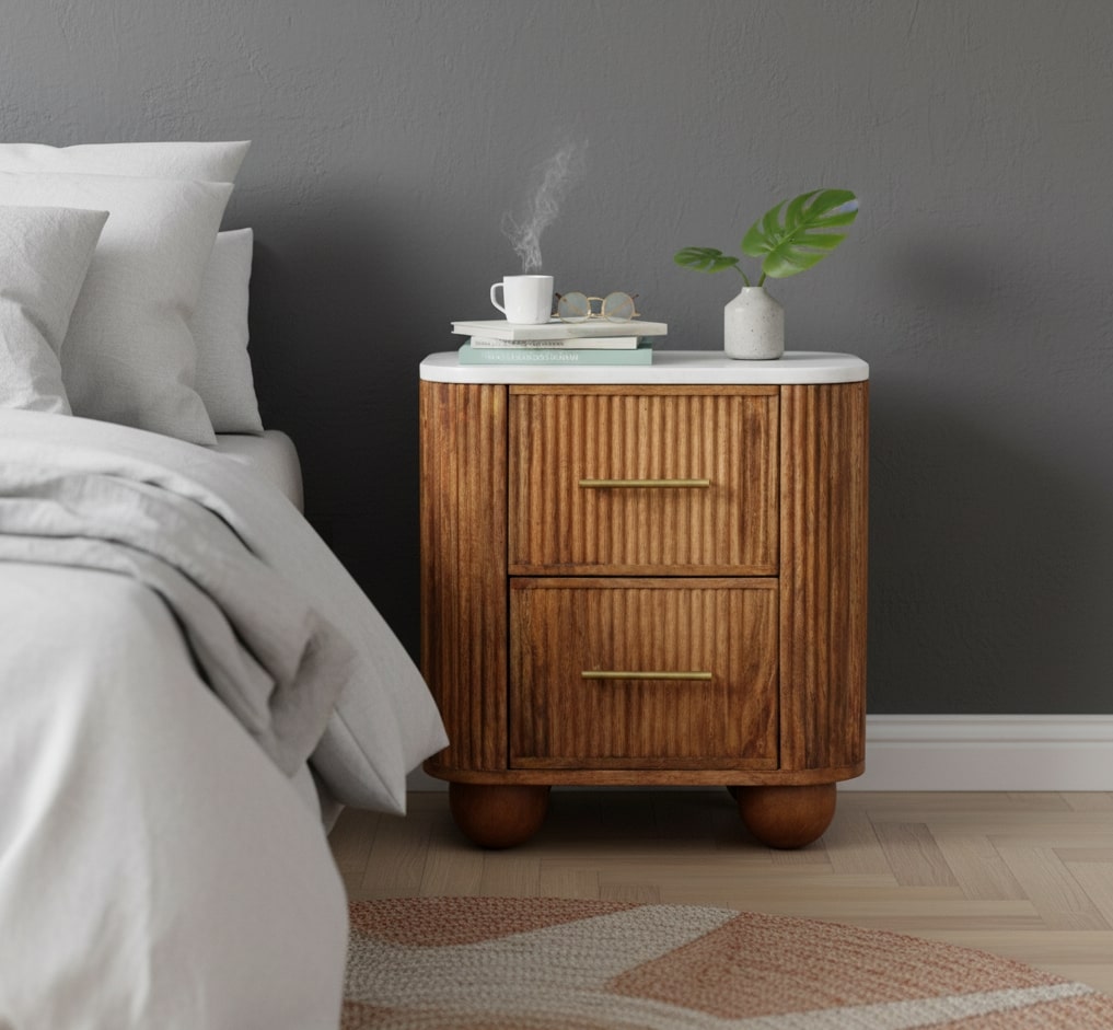 Fluted Mango Wood Marble-Top Nightstand