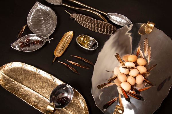 Feather-Motif Cast Metal Serving Set