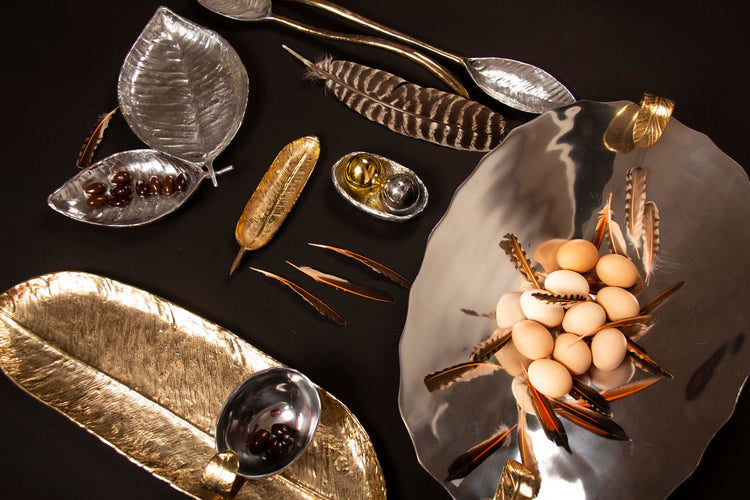 Feather-Motif Cast Metal Serving Set