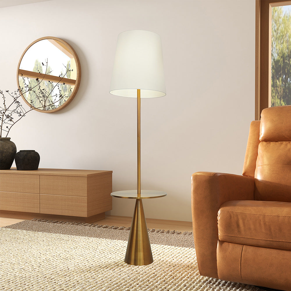 Brass-Tone Floor Lamp with Side Table — Brass-tone floor lamp with integrated circular side table and fabric shade