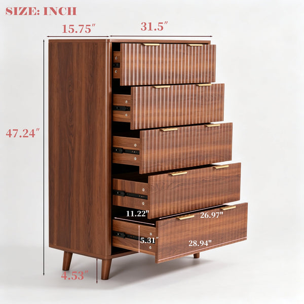 Walnut Fluted 5-Drawer Tall Dresser