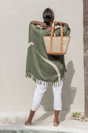 Leather Trim Cane Weave Carryall Bag