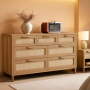 Caramel Oak Rattan-Front Dresser, 7-Drawer