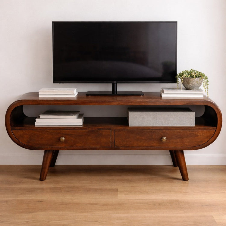 Curved Mango Wood Two-Drawer Media Unit