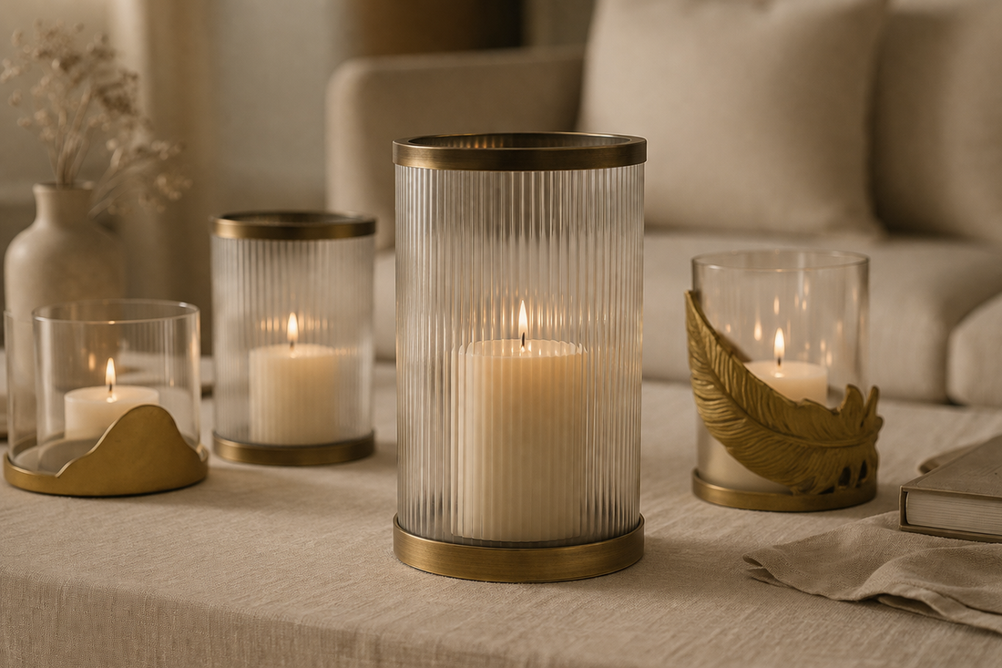 Ribbed Glass Brass Hurricane Holder