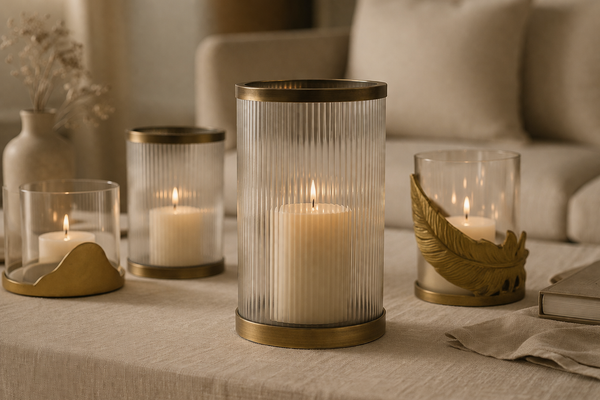 Ribbed Glass Brass Hurricane Holder